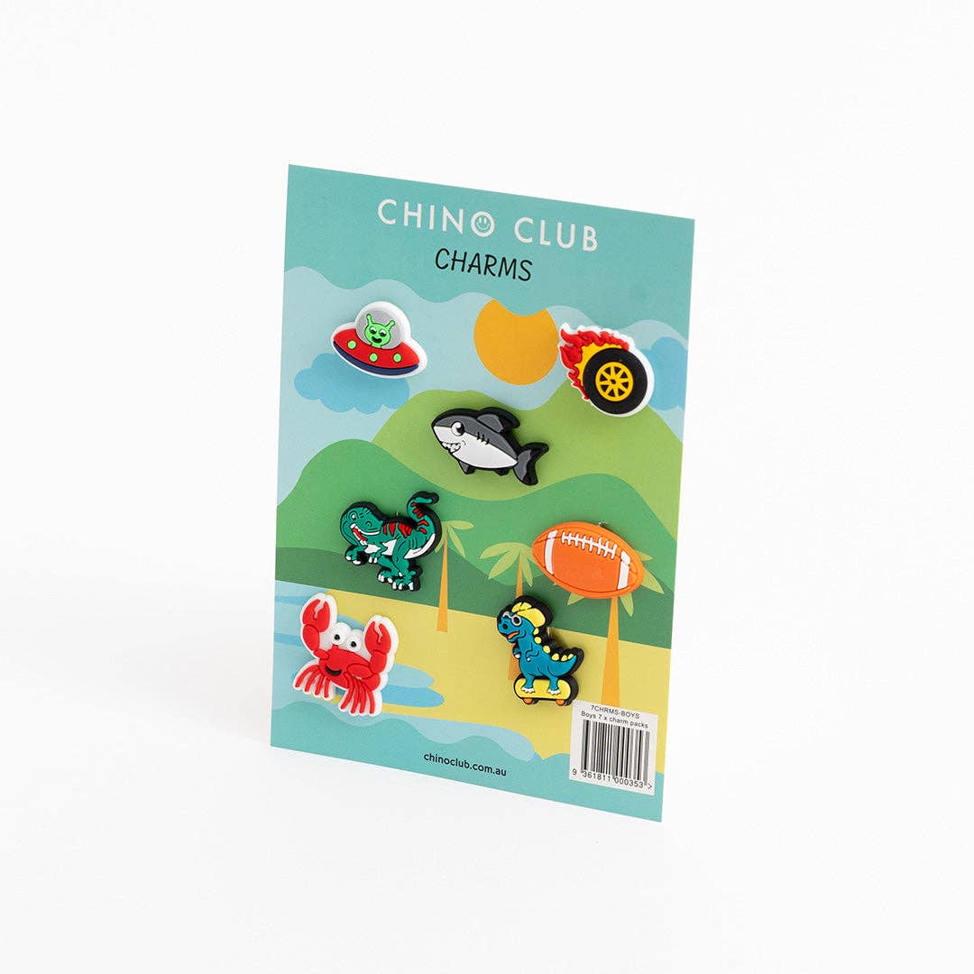 Boys' Chino Club 7-pack of colorful chino shorts in various styles, displayed with pockets and belt loops.