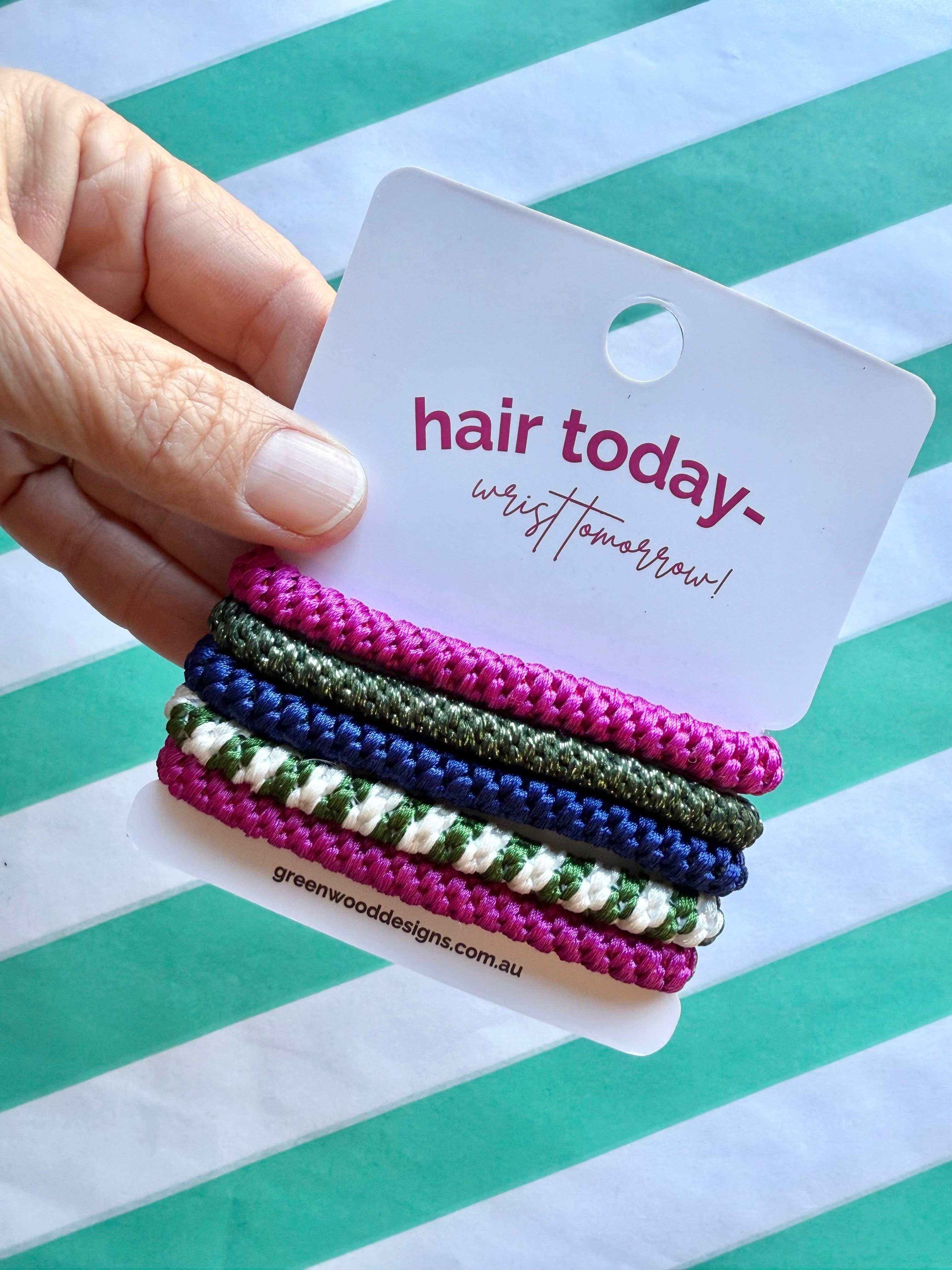 Greenwood Designs JellyBean hair elastics pack with colorful stretchy rubber bands for hair styling and secure hold.