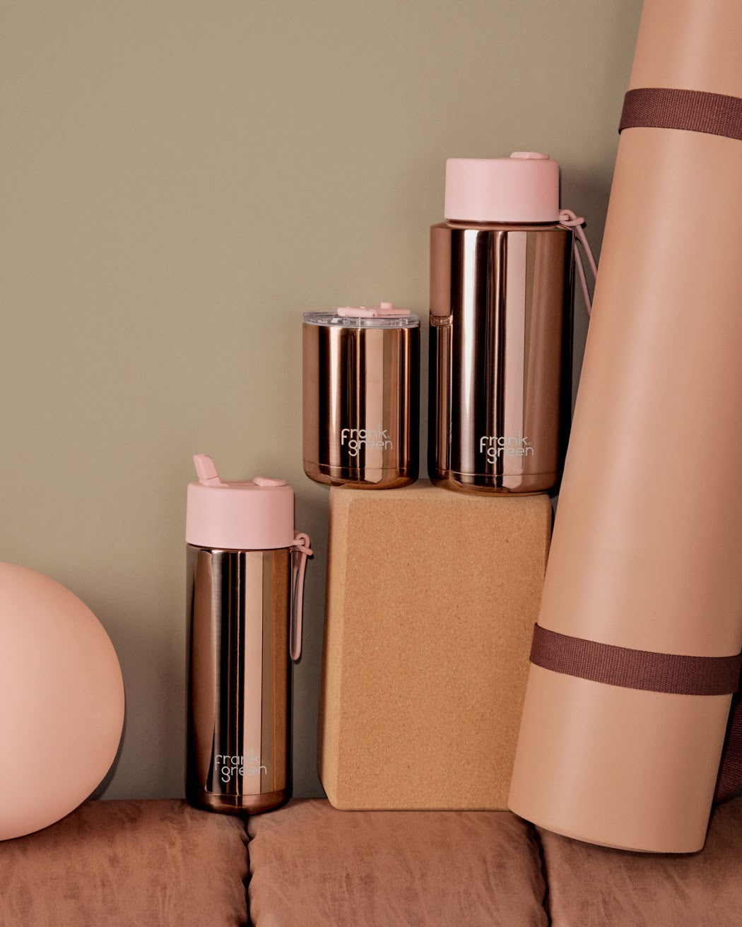 Frank Green 34oz rose gold chrome ceramic reusable bottle with flip straw lid, featuring a sleek design and modern finish.