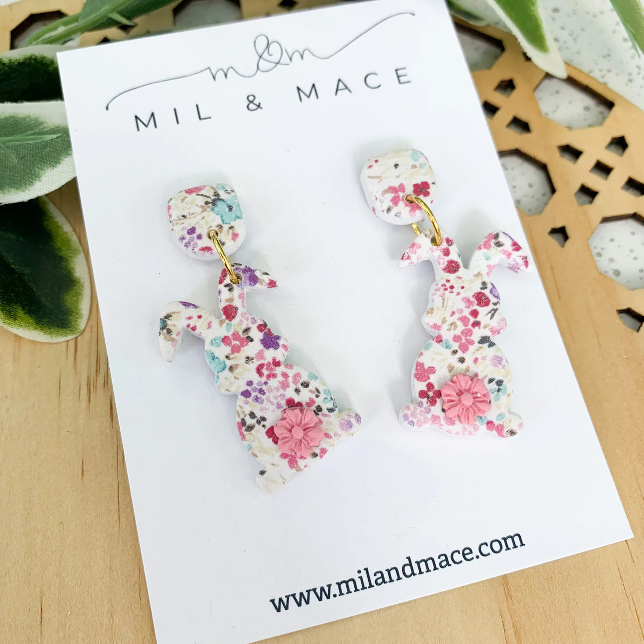 Easter Floral Bunny Polymer Clay Dangle Earrings
