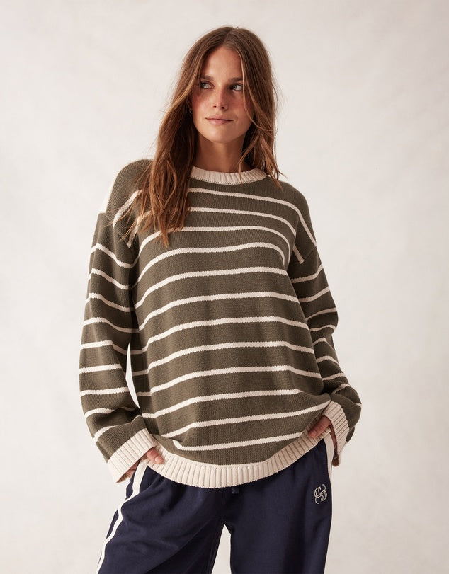 Relaxed Crew Tunic Knit - Soft Olive/Ecru Stripe