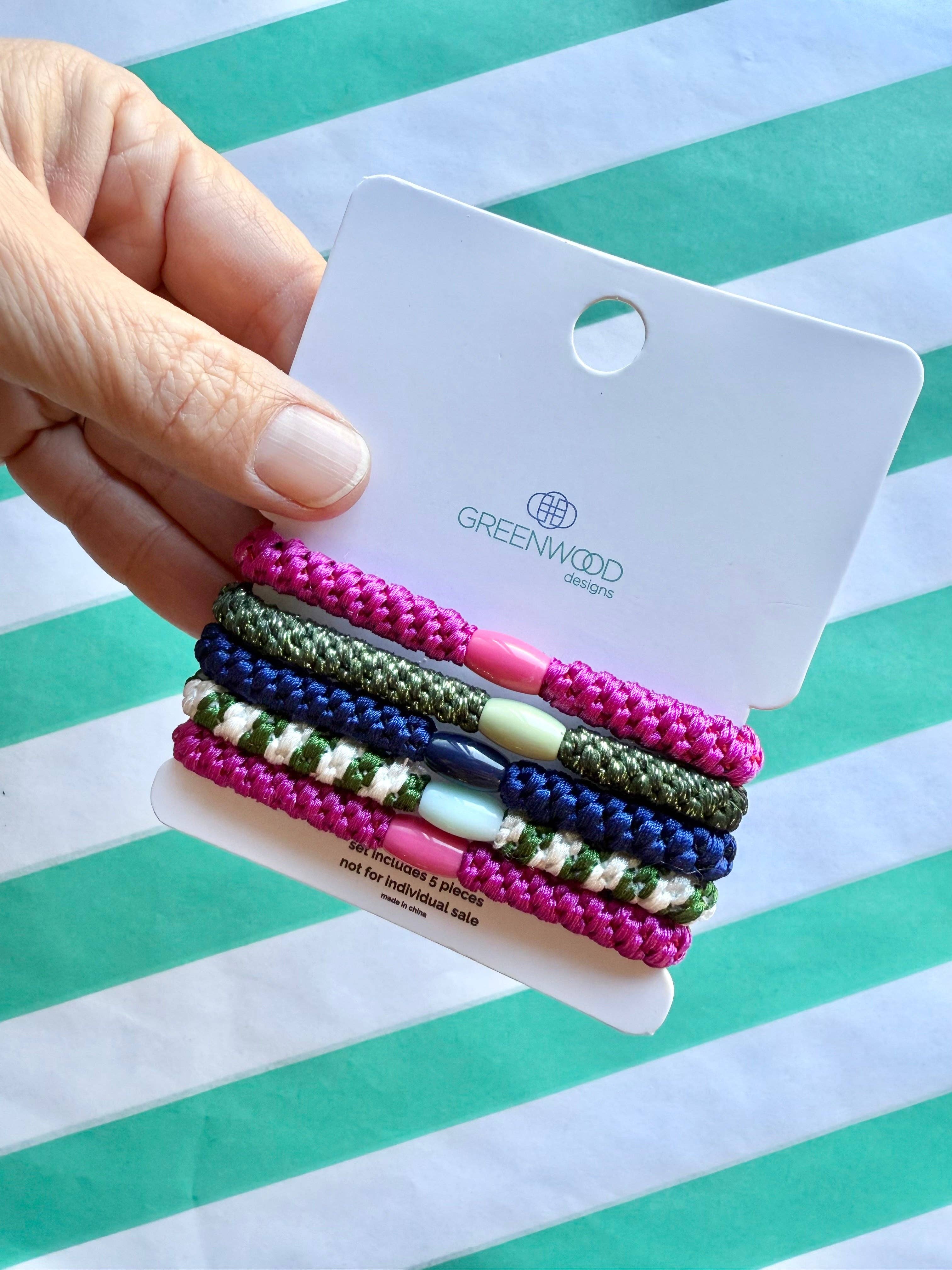 Greenwood Designs JellyBean hair elastics pack with colorful stretch hair ties on a white background.