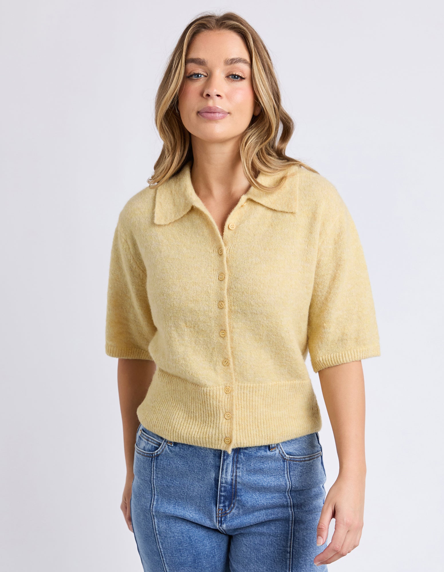 Foxwood Fernie Button Knit sweater in butter yellow, featuring a cozy knit texture and button details.