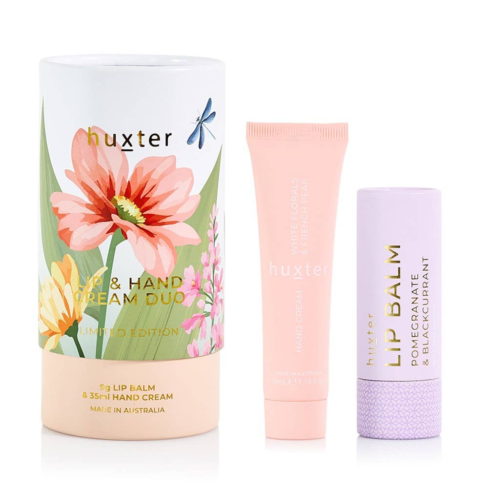 Huxter Lip and Hand Cream Duo in white florals and French pear scent, featuring elegant white floral packaging and cream tubes.