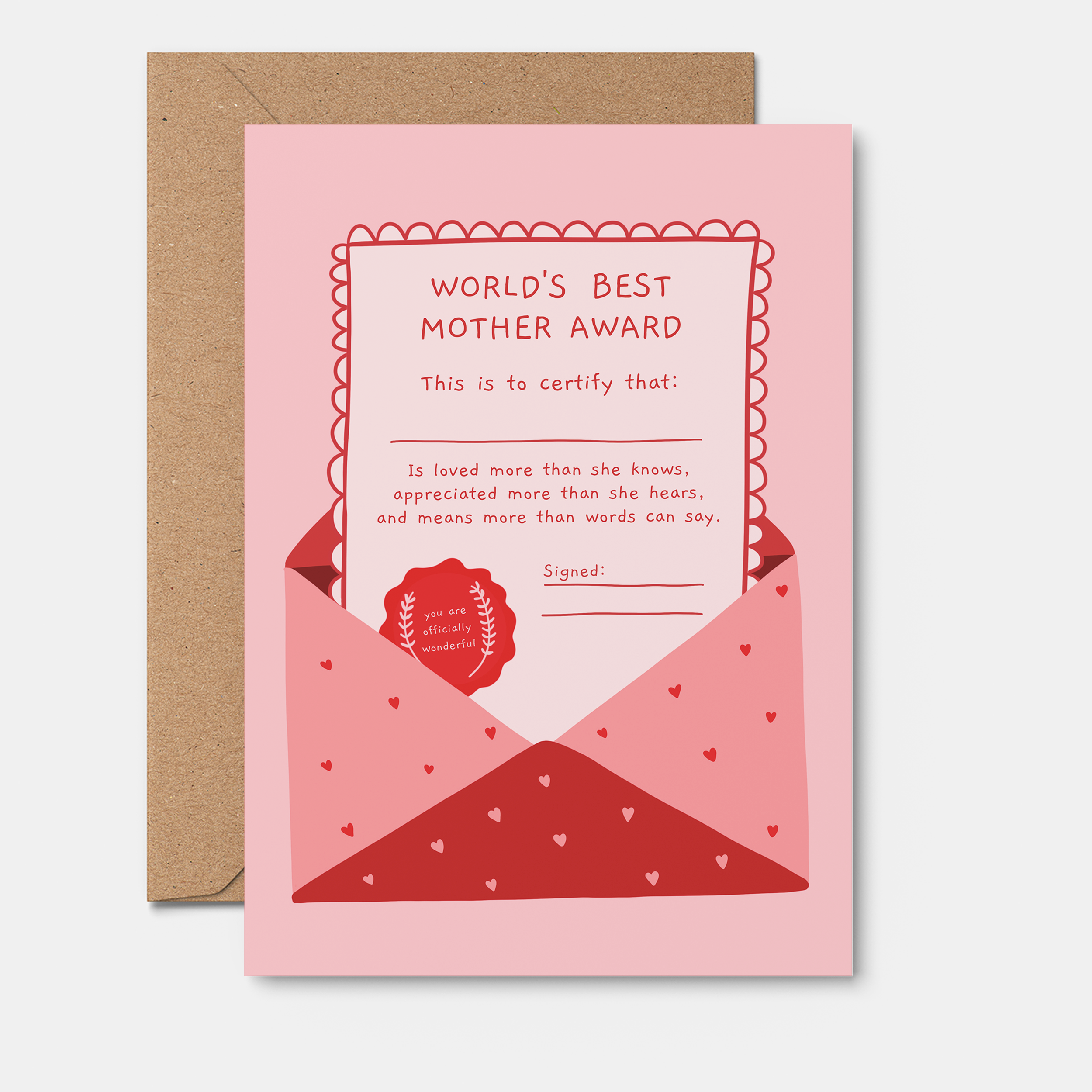 Mother's Day card from From Rosalie with "World's Best Mother Award" message, featuring floral design and elegant script.