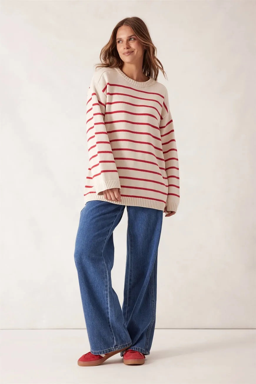 Relaxed Crew Tunic Knit - Ecru/Red Stripe