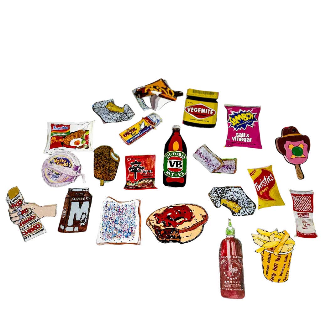 Set of six Fun Foodie Fridge Magnets featuring iconic Australian foods by Big Bite Studios, colorful and playful kitchen decor.