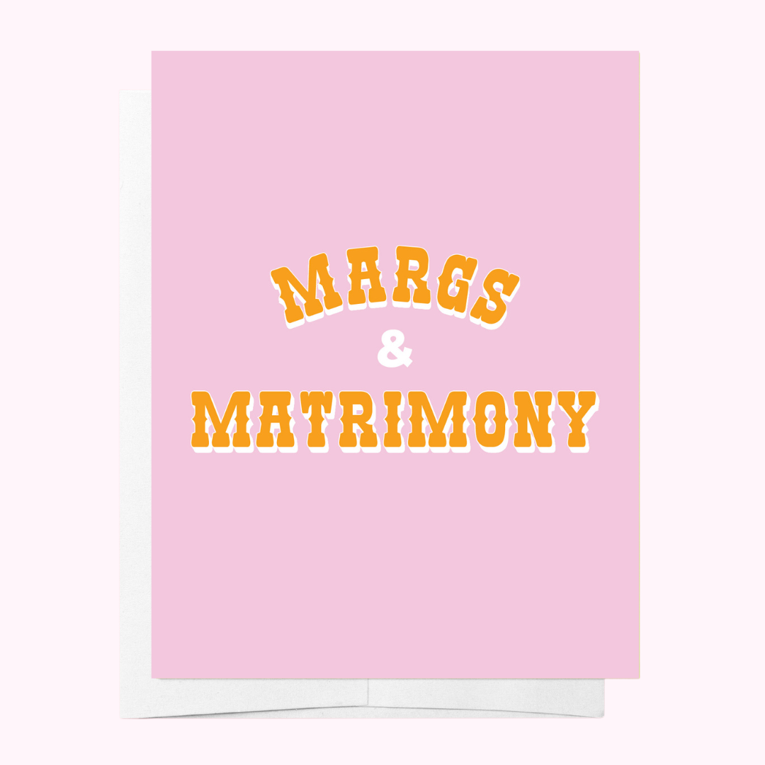 Wedding or bridal party card from BAD ON PAPER titled "Margs & Matrimony," featuring elegant design for wedding celebrations.