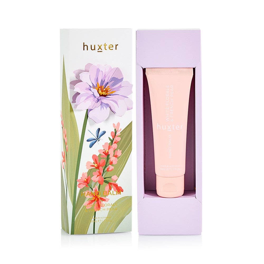 Huxter Hand Balm Gift Box with 50ml mauve flower scented hand balm, white florals, and French pear fragrance.