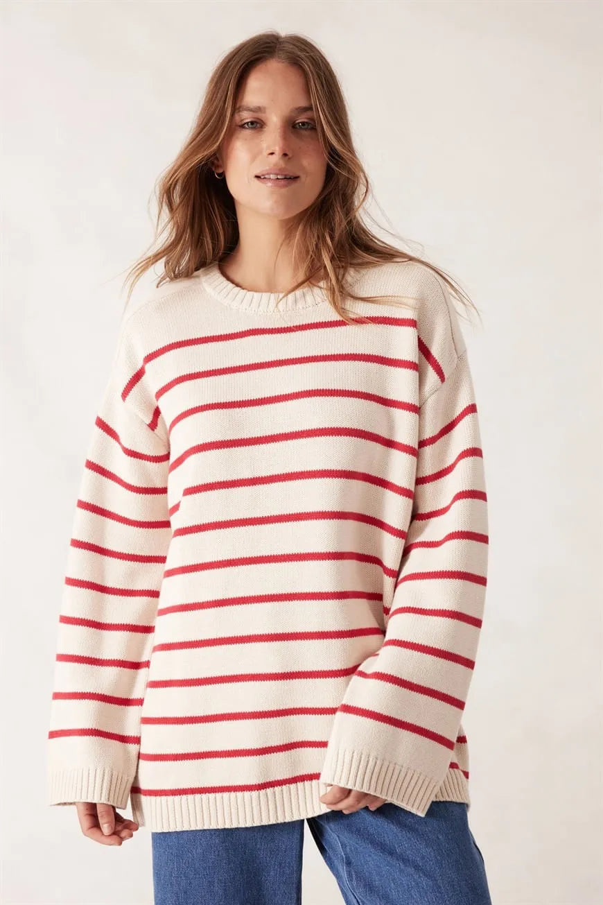 Relaxed Crew Tunic Knit - Ecru/Red Stripe