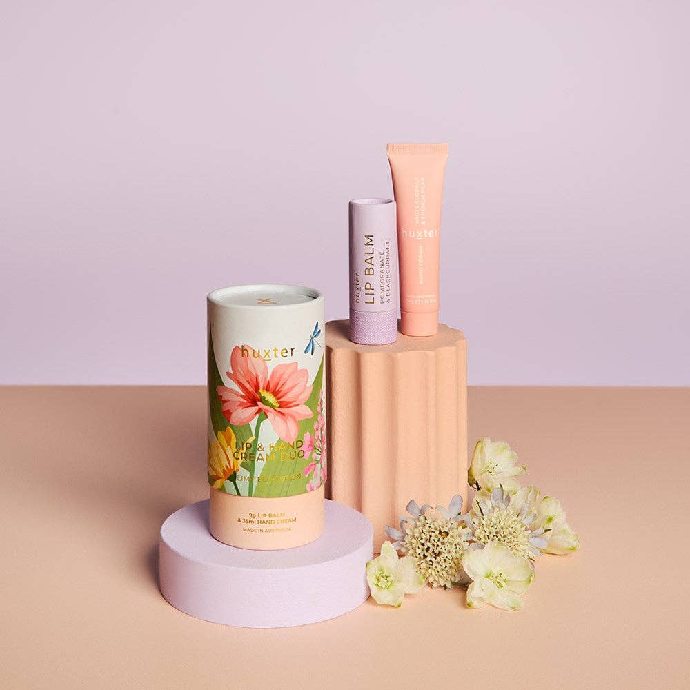 Huxter Lip and Hand Cream Duo in white floral and French pear scent, featuring elegant white floral and pear packaging.