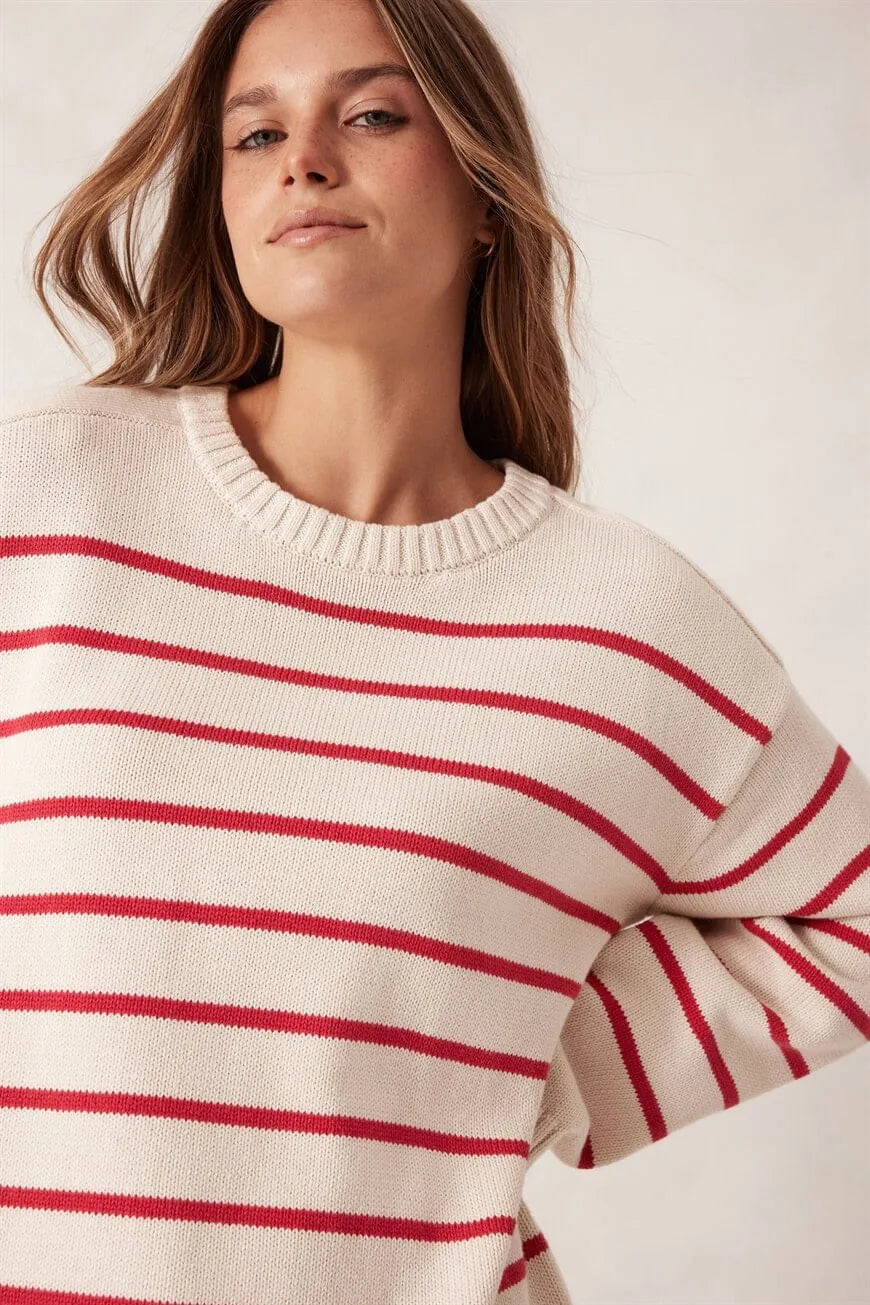 Relaxed Crew Tunic Knit - Ecru/Red Stripe