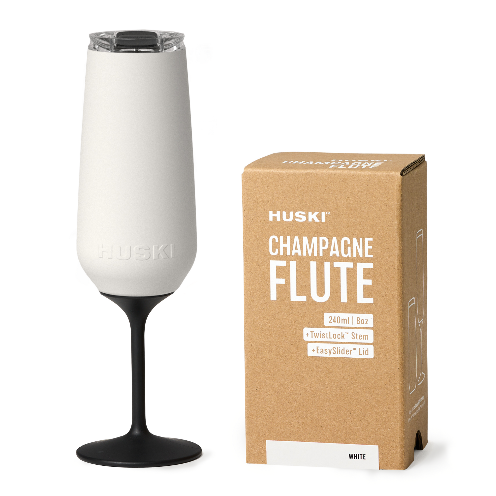 Huski white champagne flute with clear glass and sleek design, perfect for elegant celebrations and special occasions