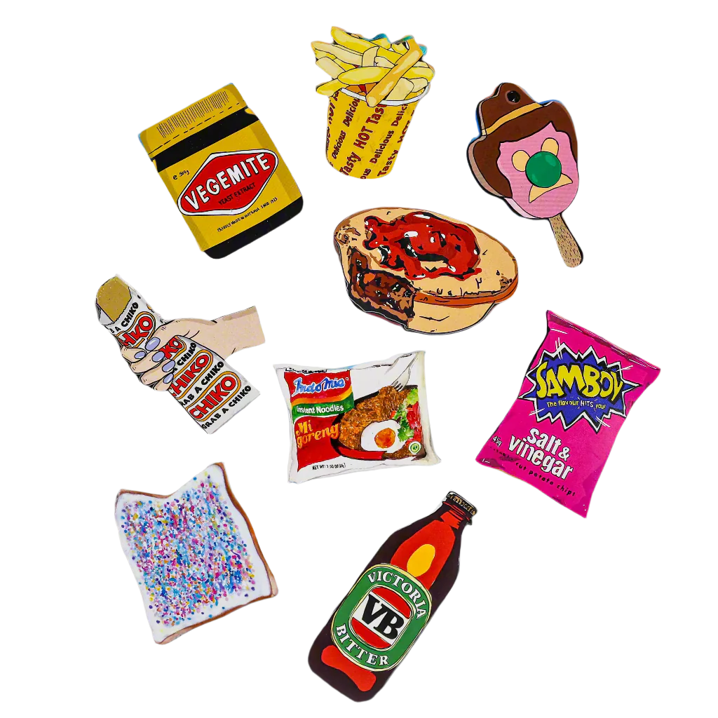 Set of Fun Foodie Fridge Magnets featuring iconic Australian foods by Big Bite Studios, colorful and playful kitchen decor accessories.