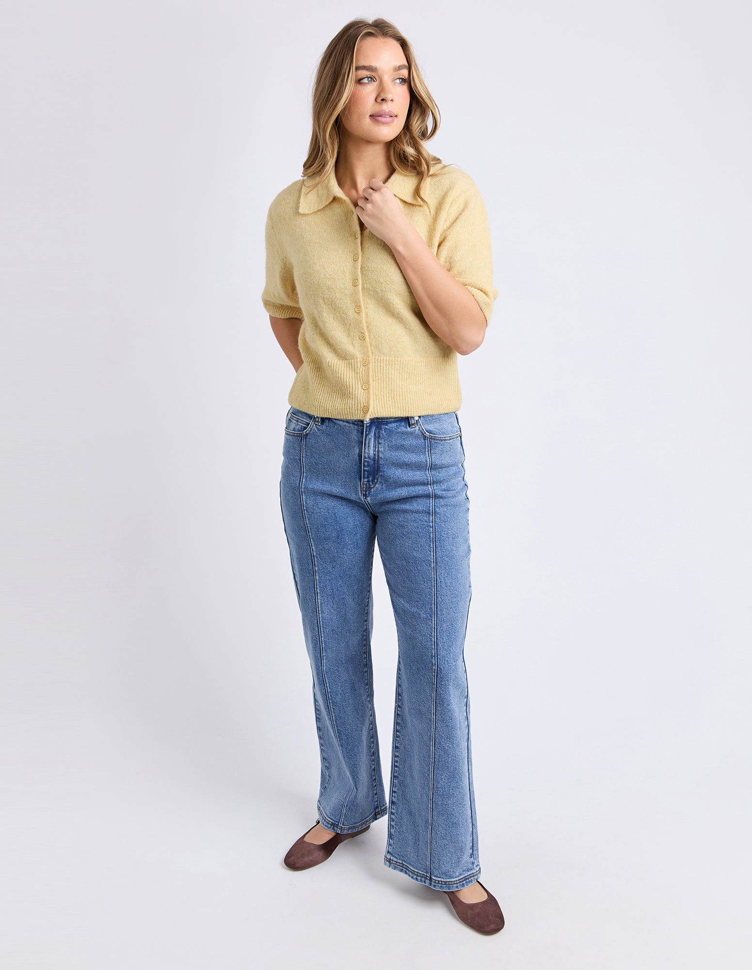 Foxwood Fernie Button Knit in Butter, close-up of soft, cozy knit sweater with button details, perfect for casual wear.