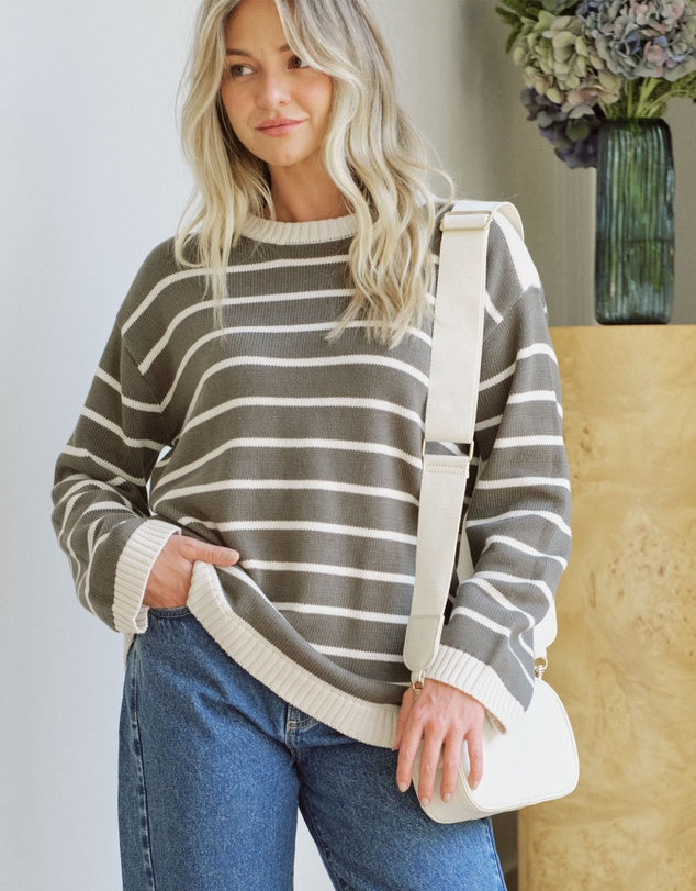 Relaxed Crew Tunic Knit - Soft Olive/Ecru Stripe
