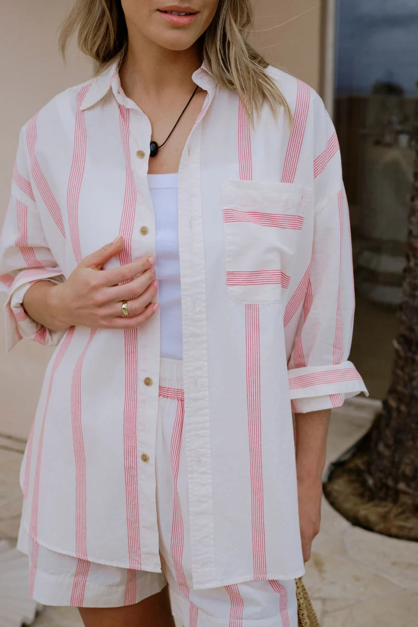 Ceres Life Peta Oversized Shirt - Variegated Red Stripe