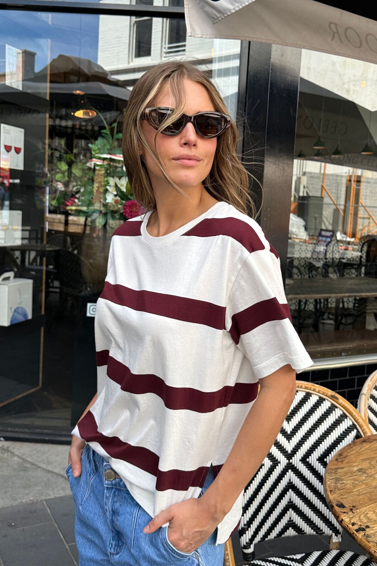 Stevie Slouchy Split Hem Tee - Burgundy Stripe