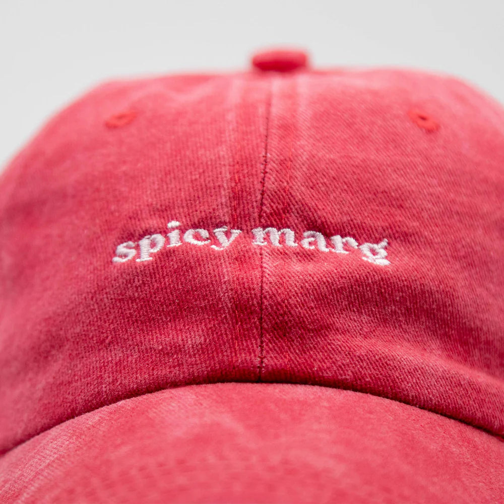 Lovefound Slogan Cap featuring "Spicy Marg" embroidery, casual black baseball cap with adjustable strap and curved brim.