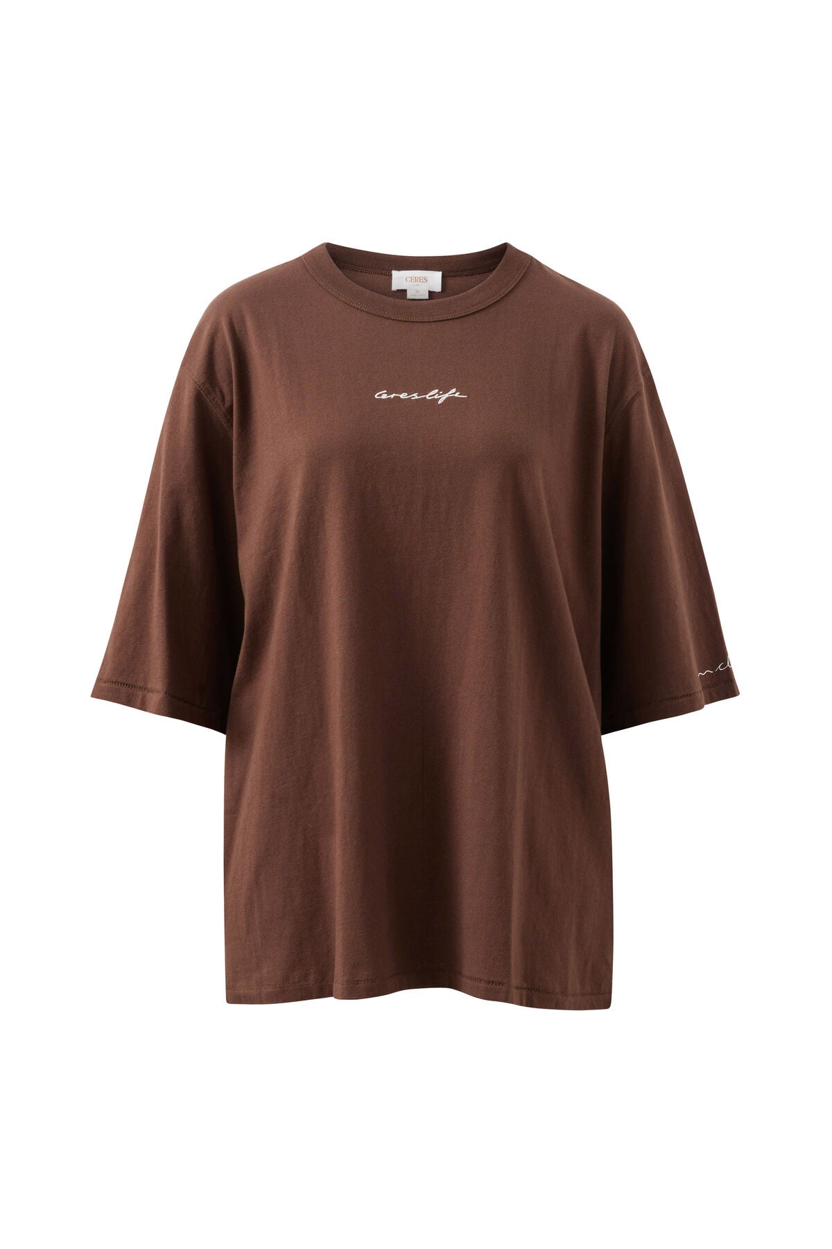 Ceres Life Liv Oversized Tee in chocolate color with Ceres Script design, front view showing relaxed fit and stylish casual style.