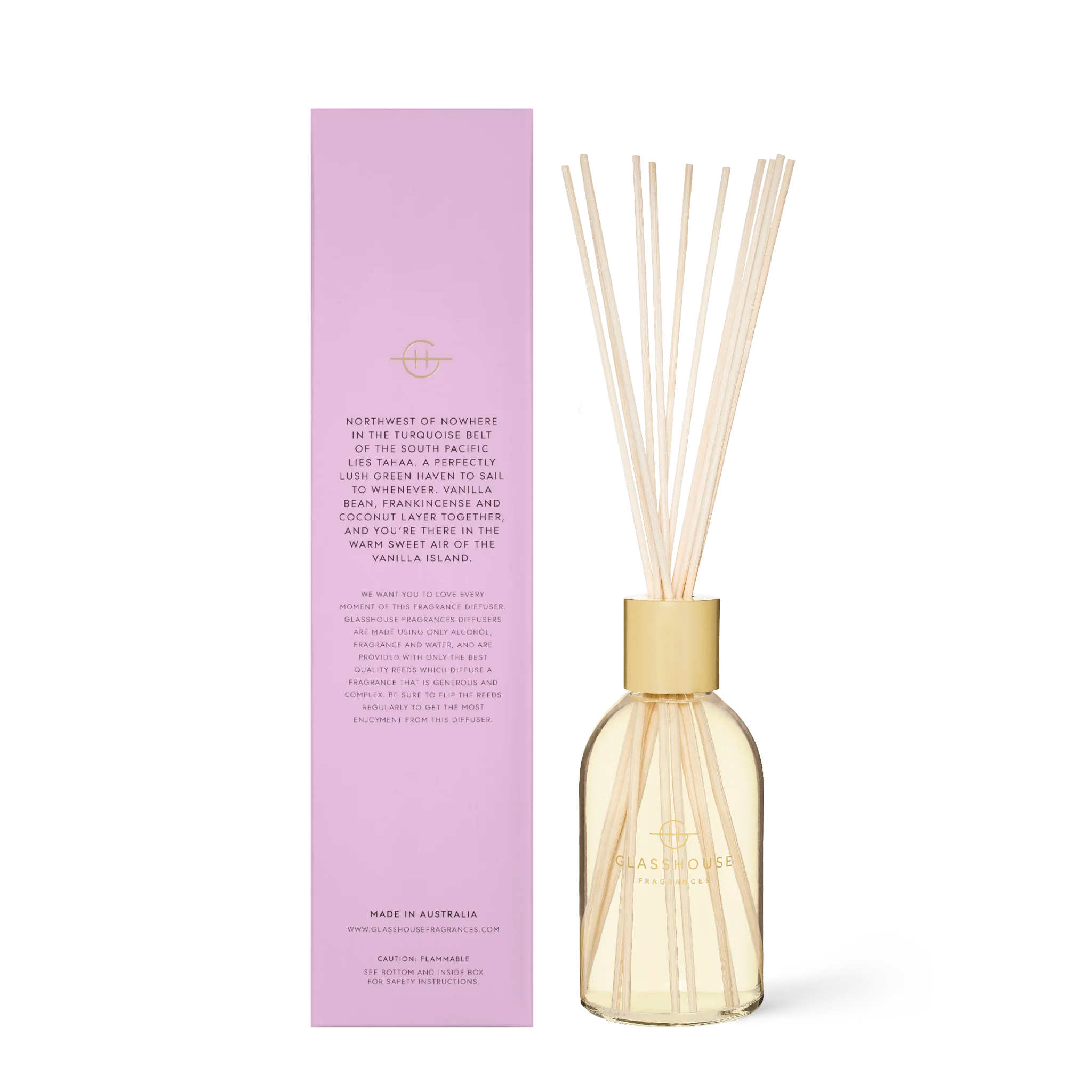Glasshouse Fragrances Tahaa Affair diffuser with elegant glass bottle and reed sticks, showcasing a tropical floral scent.