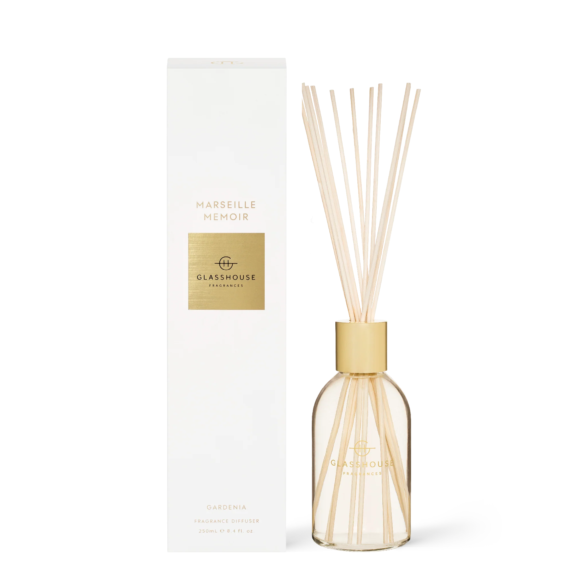 Glasshouse Fragrances Marseille Memoir diffuser with elegant glass bottle and reed sticks for fragrant home decor.