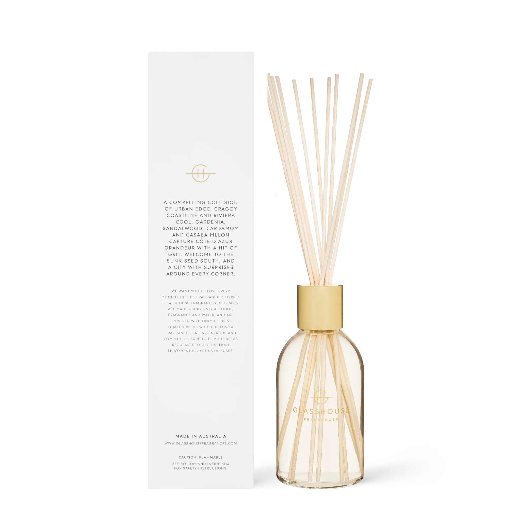 Glasshouse Fragrances Marseille Memoir diffuser with glass bottle and reed sticks, elegant home scent decor.