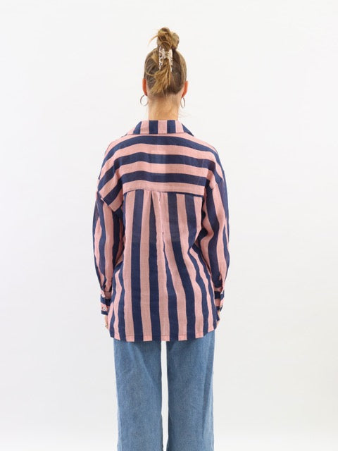 Faye Linen Striped Shirt - Navy & Pink
