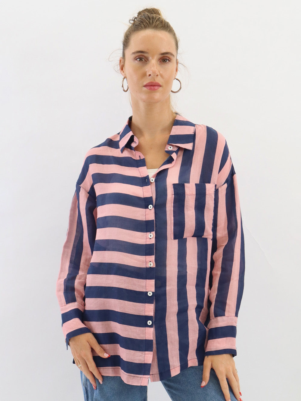 Faye Linen Striped Shirt - Navy & Pink