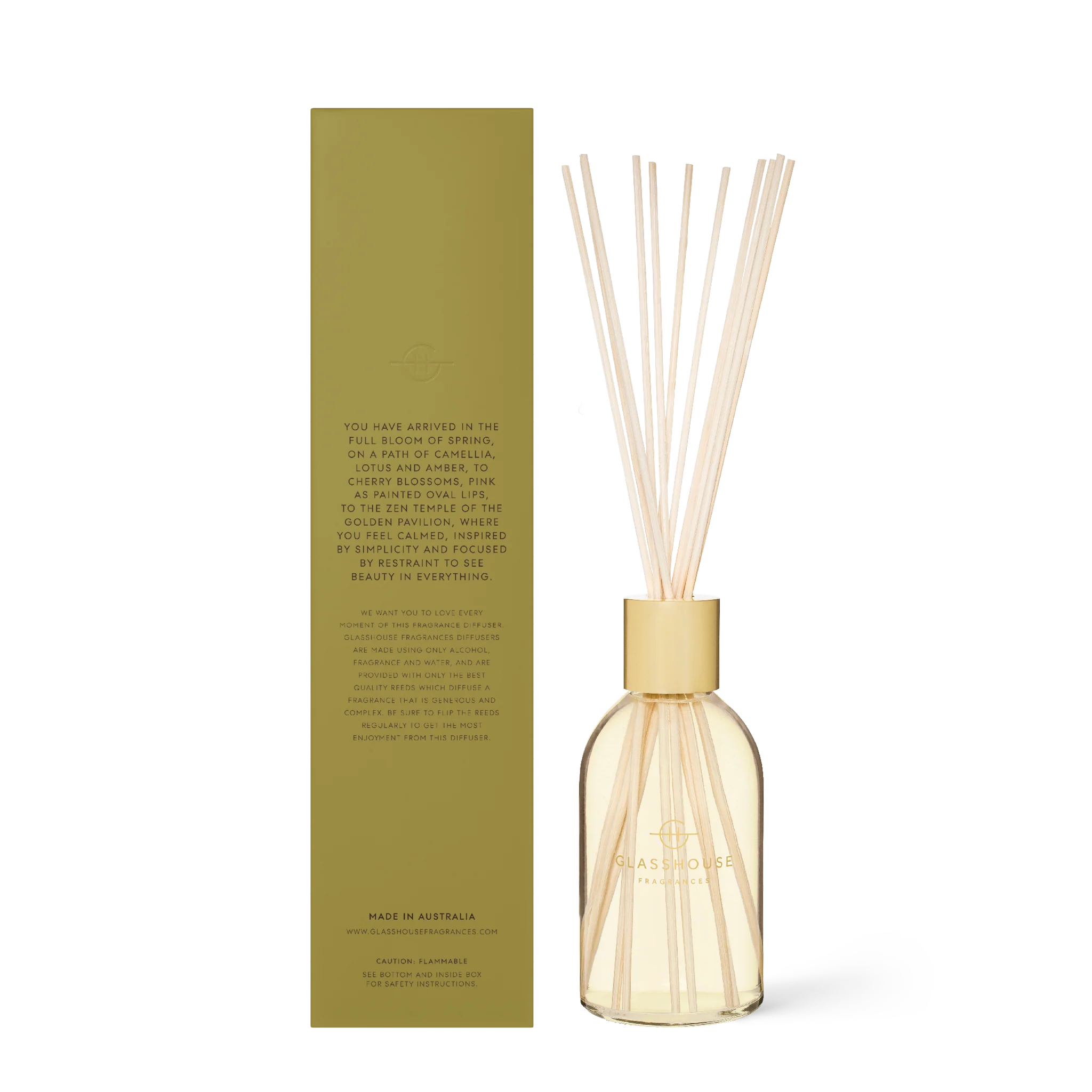 Kyoto in Bloom diffuser by Glasshouse Fragrances with elegant glass bottle and natural reed sticks for home fragrance.
