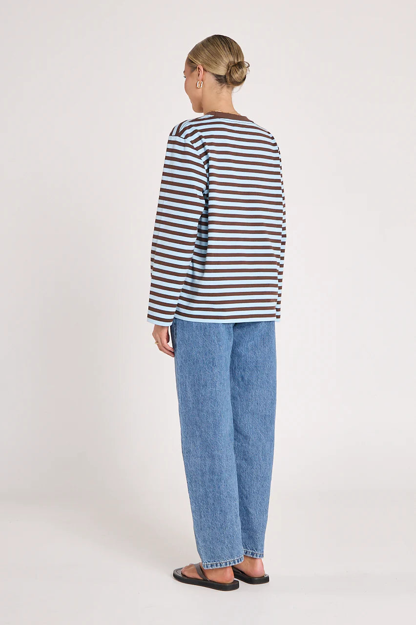 Feather + Noise Carter long sleeve tee in chocolate blue striped fabric, featuring a comfortable fit and casual style.