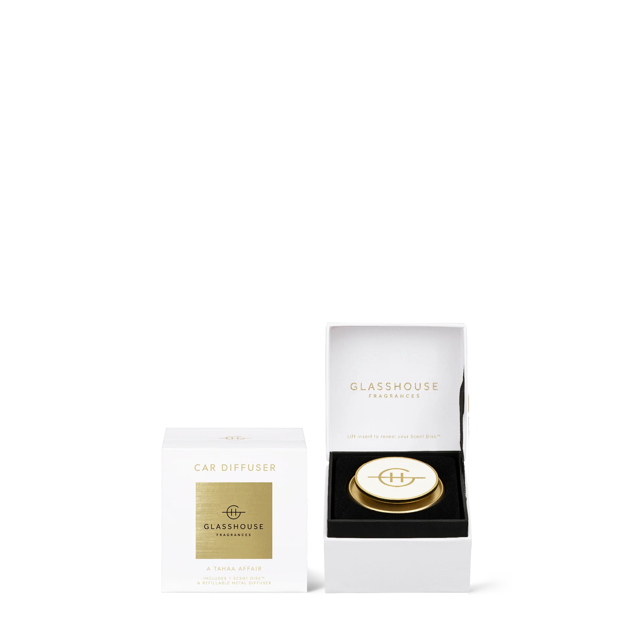 Car diffuser from Glasshouse Fragrances with a Tahaa Affair scent, showcasing a stylish design and the diffuser in a vehicle interior.