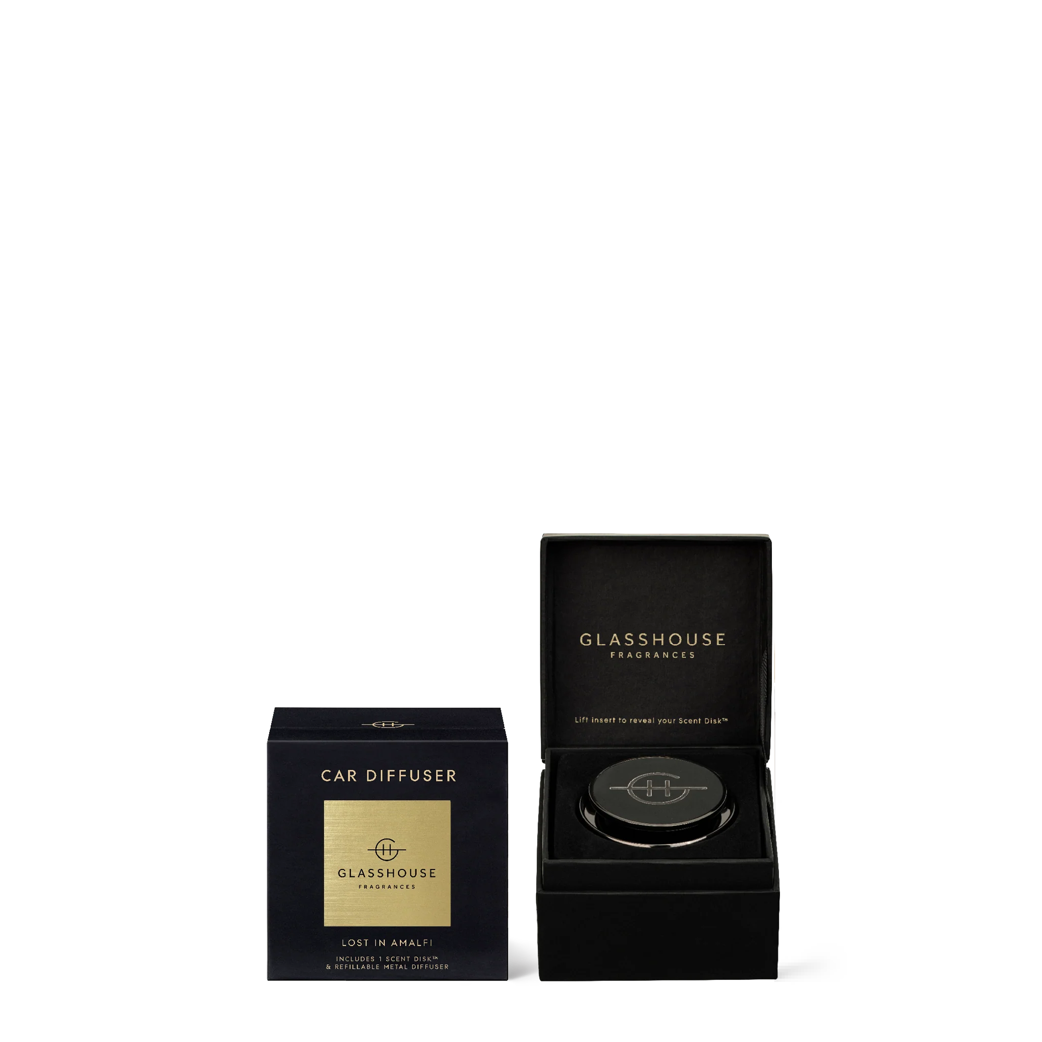 Glasshouse Fragrances Car Diffuser in Lost in Amalfi scent, showcasing the elegant diffuser with fragrance bottles.