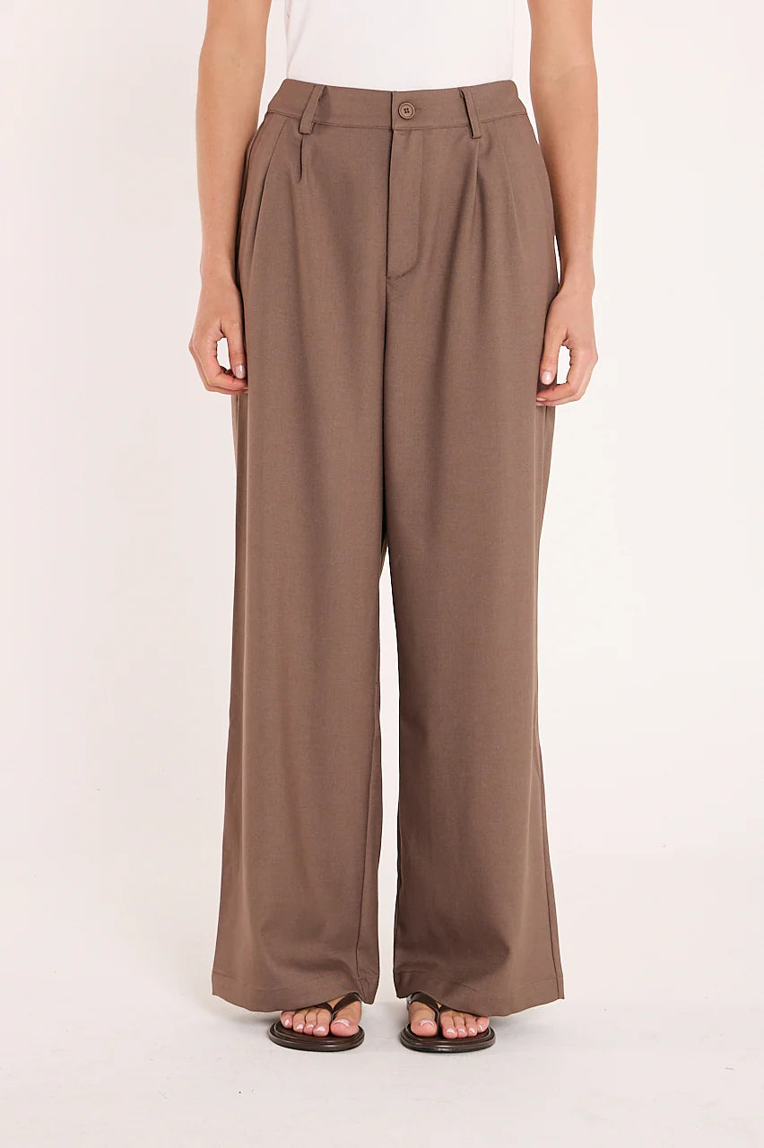Feather + Noise Carmen Pant in chocolate, stylish high-waisted women's pants with a relaxed fit and soft fabric.