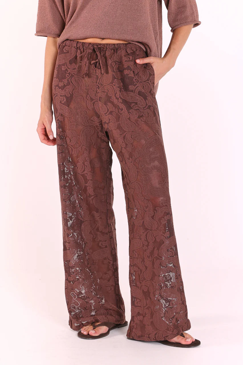 Feather + Noise Valerie Pant in Cocoa Lace, stylish high-waisted pants with intricate lace details and a tailored fit.