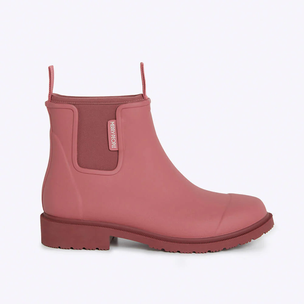 Merry People Bobbi Ankle Boot in clay with a chunky heel and ankle strap, showcasing stylish leather footwear.