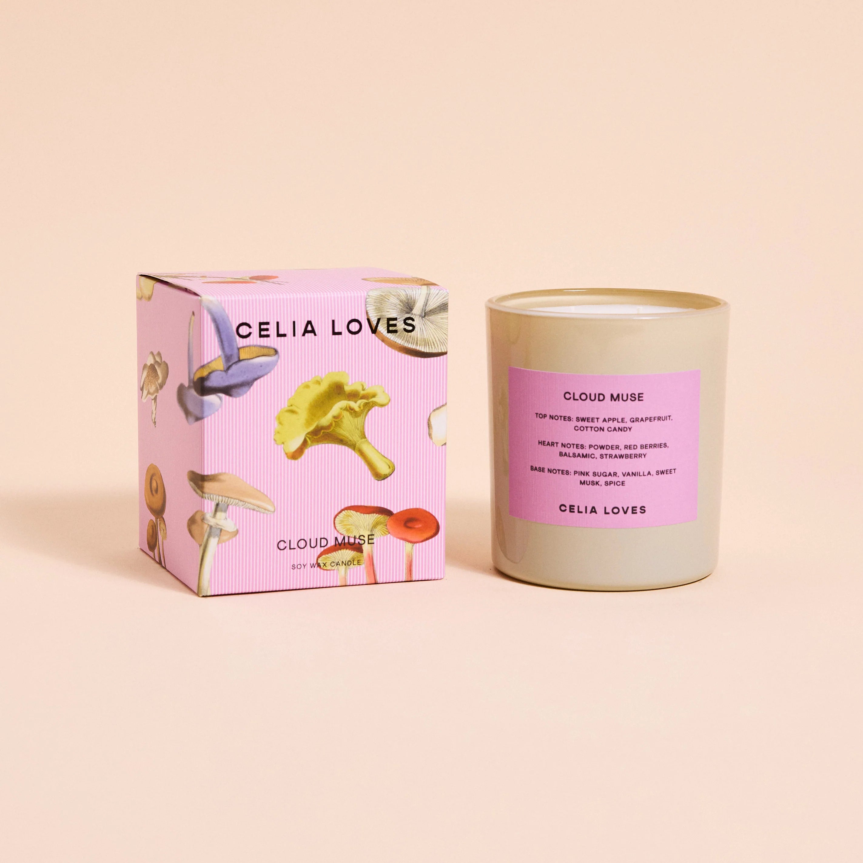Celia Loves Cloud Muse 395g candle with a smooth, white wax finish and a minimalist glass container.