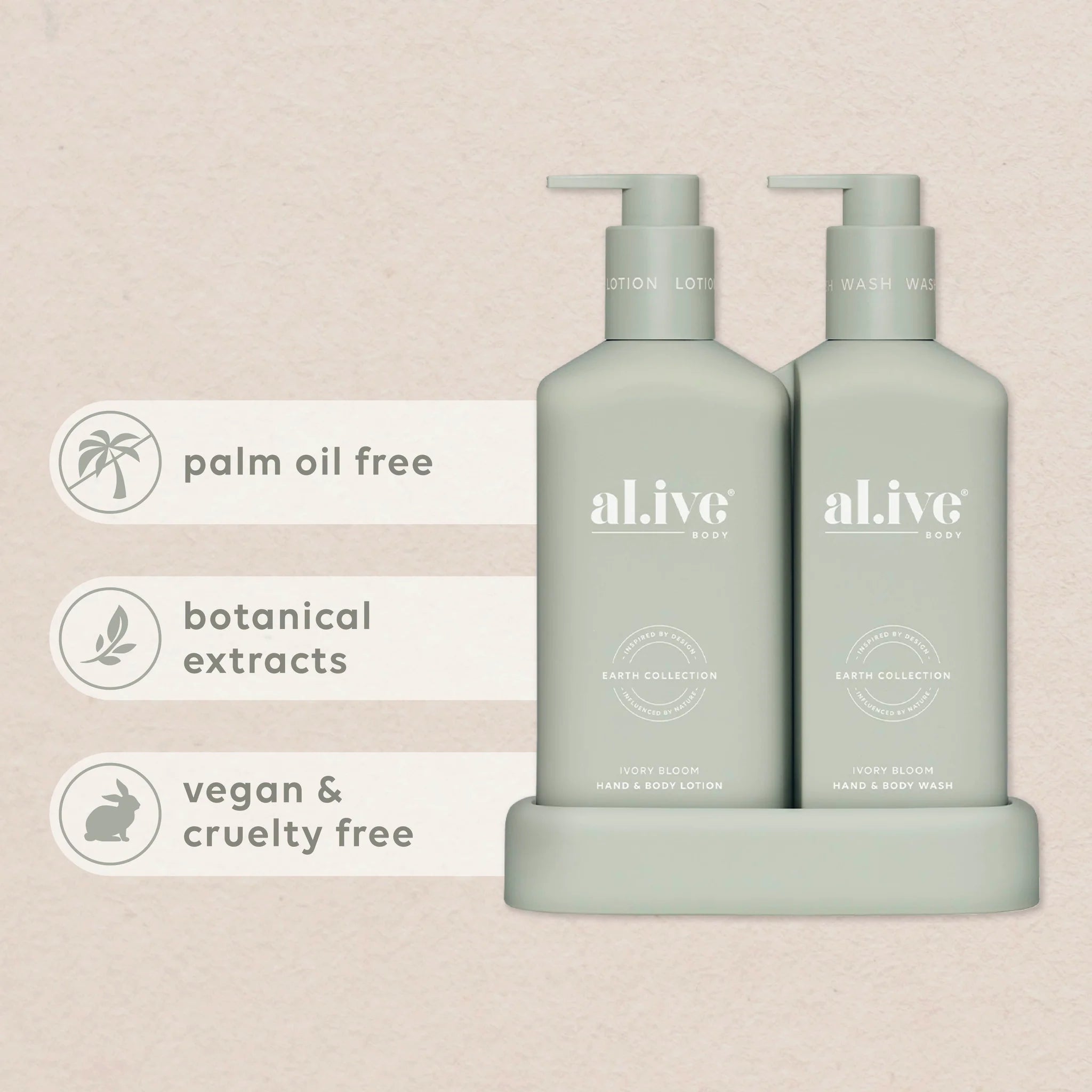 Al.ive Body Compact Bathroom Duo with ivory wash and lotion bottles, featuring elegant packaging and pump dispensers.