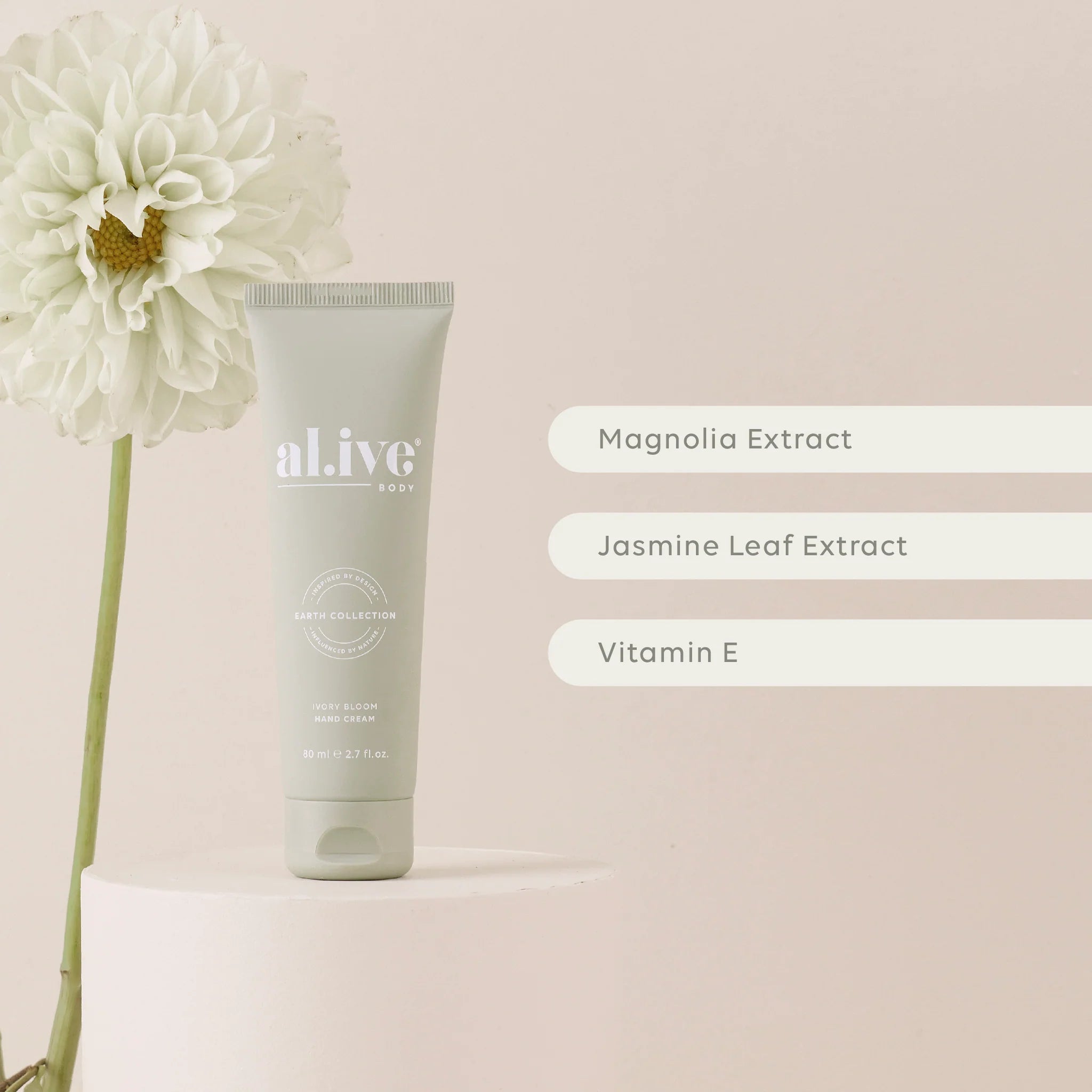 Al.ive Body Ivory Bloom hand cream tube with floral design, showcasing luxurious skincare for soft, nourished hands.