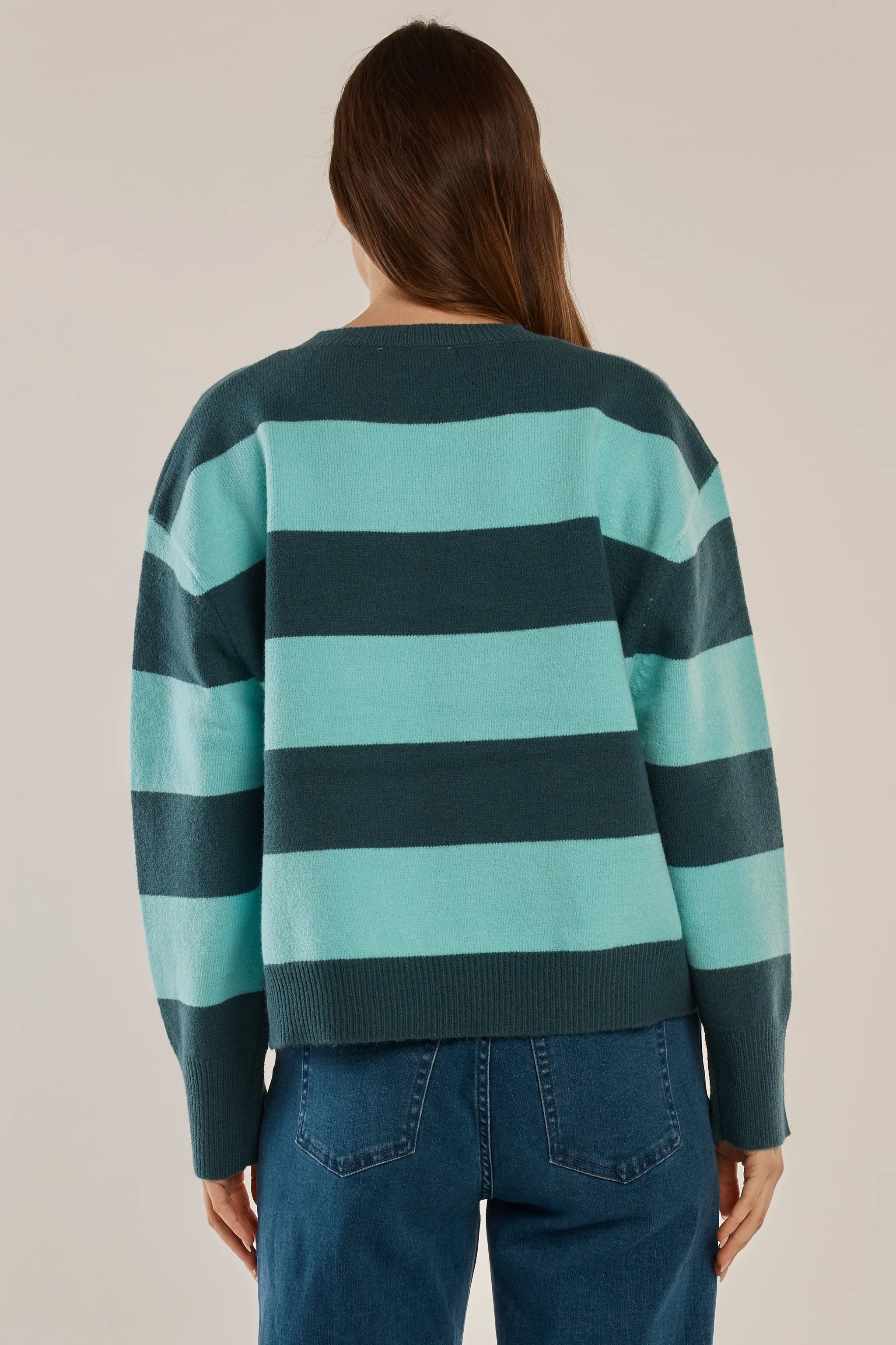 Betty Basics Leonie Knit Sweater in teal green and blue stripe, featuring a cozy knit design and relaxed fit.