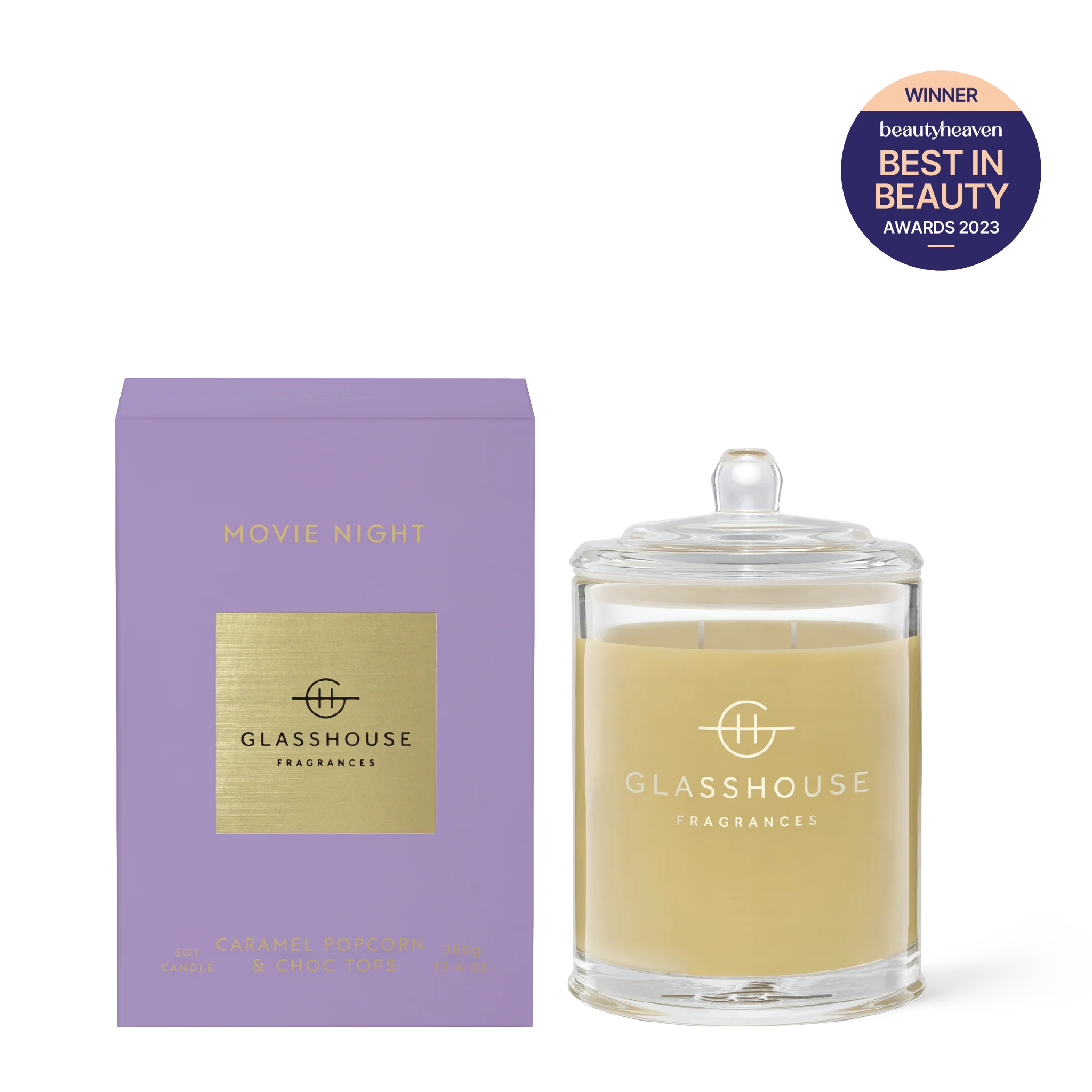 Soy candle from Glasshouse Fragrances with a cozy movie night theme in a 380g container, featuring a warm, inviting design.