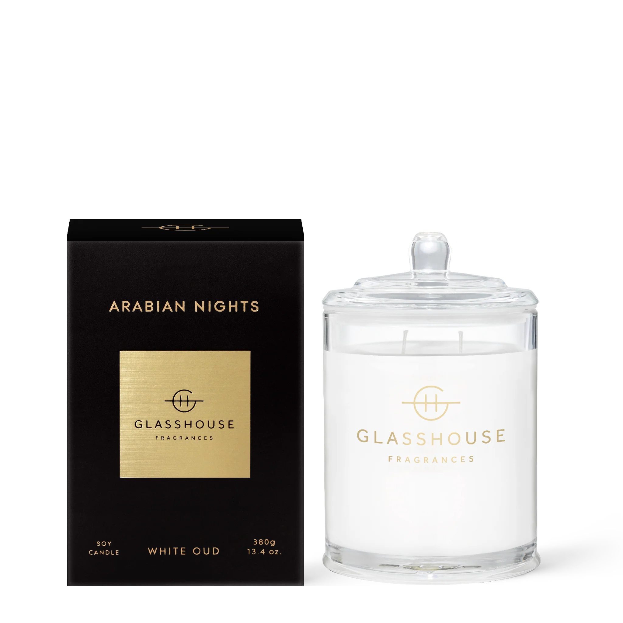 Glasshouse Fragrances Arabian Nights Soy Candle in a 380g elegant jar, showcasing a warm, inviting glow.