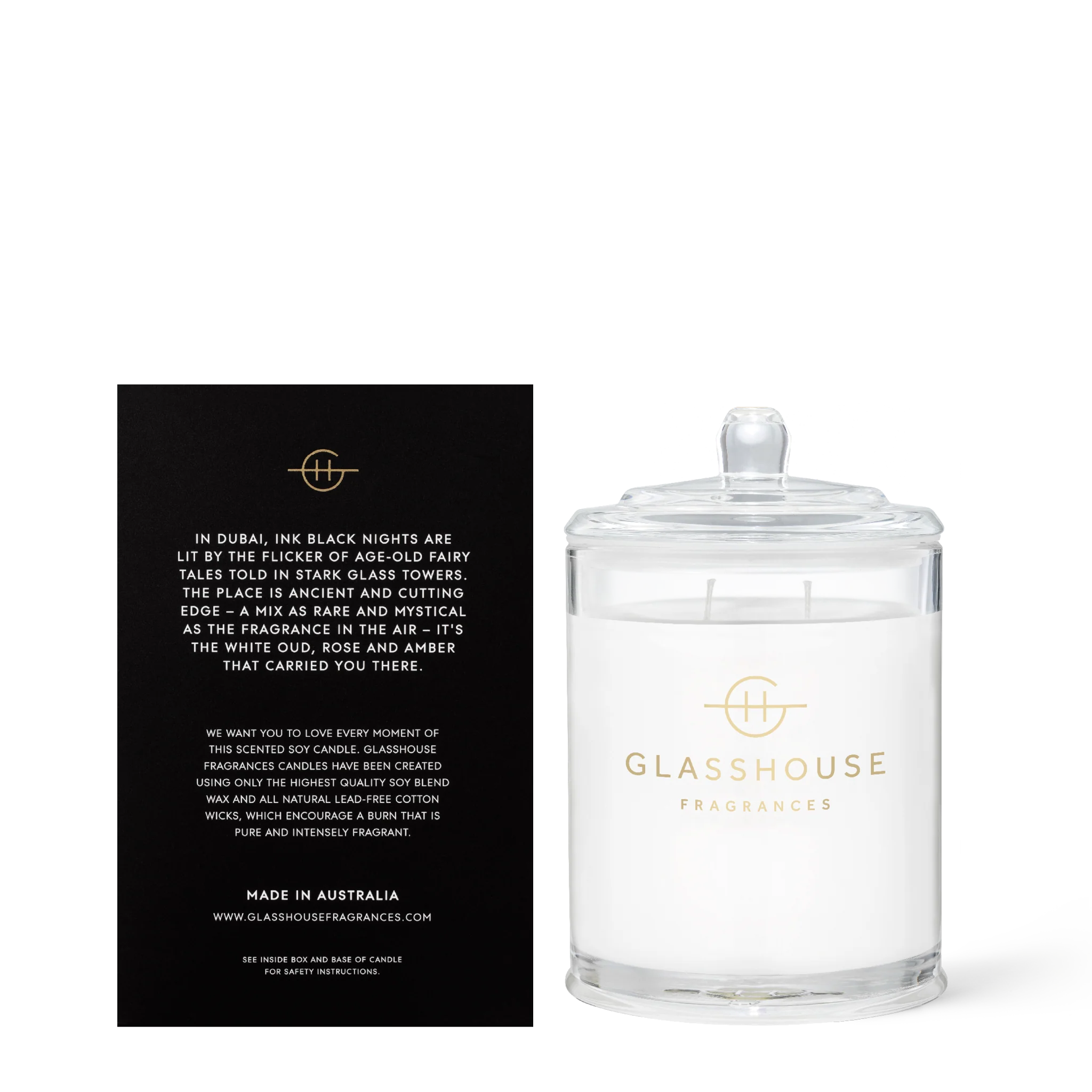 Glasshouse Fragrances Arabian Nights Soy Candle in a stylish glass jar, showcasing its rich color and elegant design.