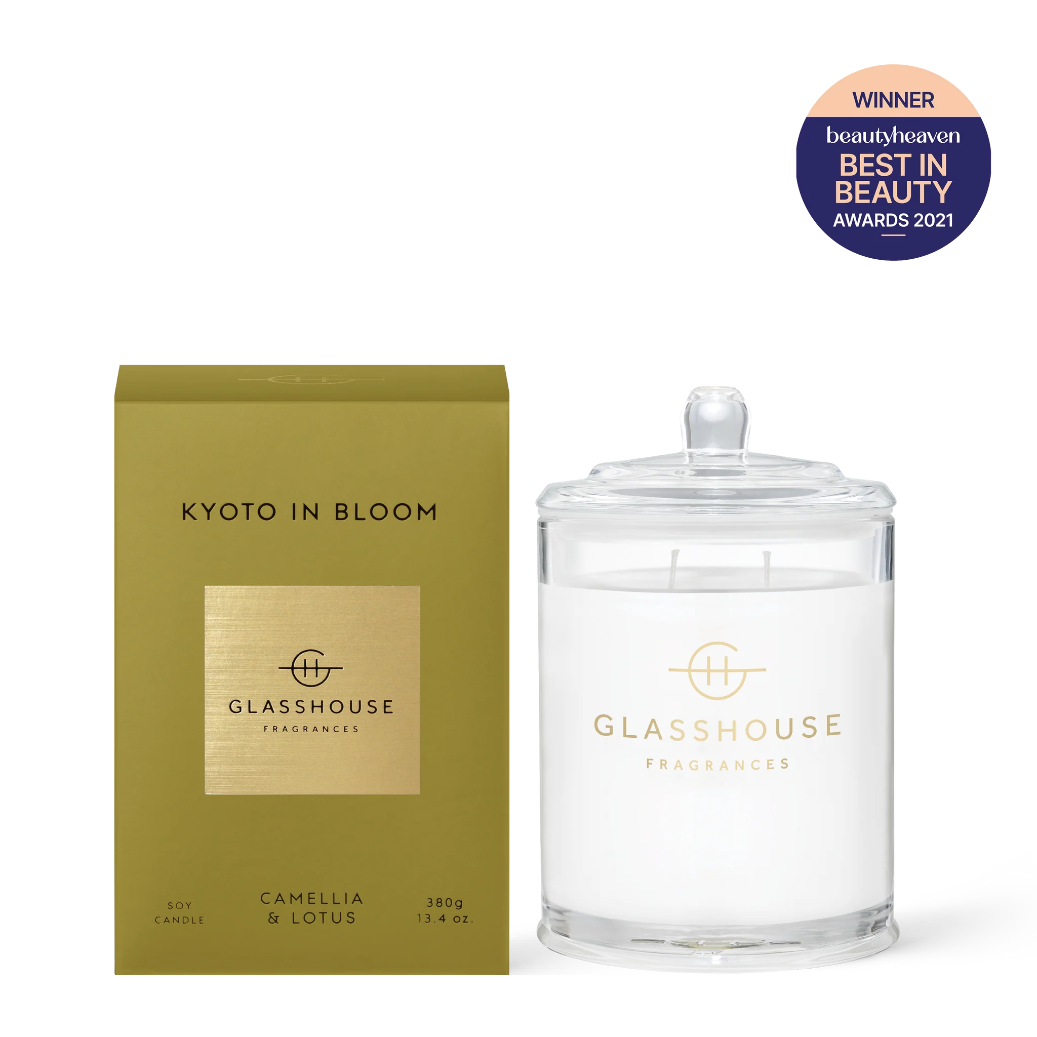 Kyoto in Bloom soy candle by Glasshouse Fragrances in a 380g glass jar with floral and botanical design.