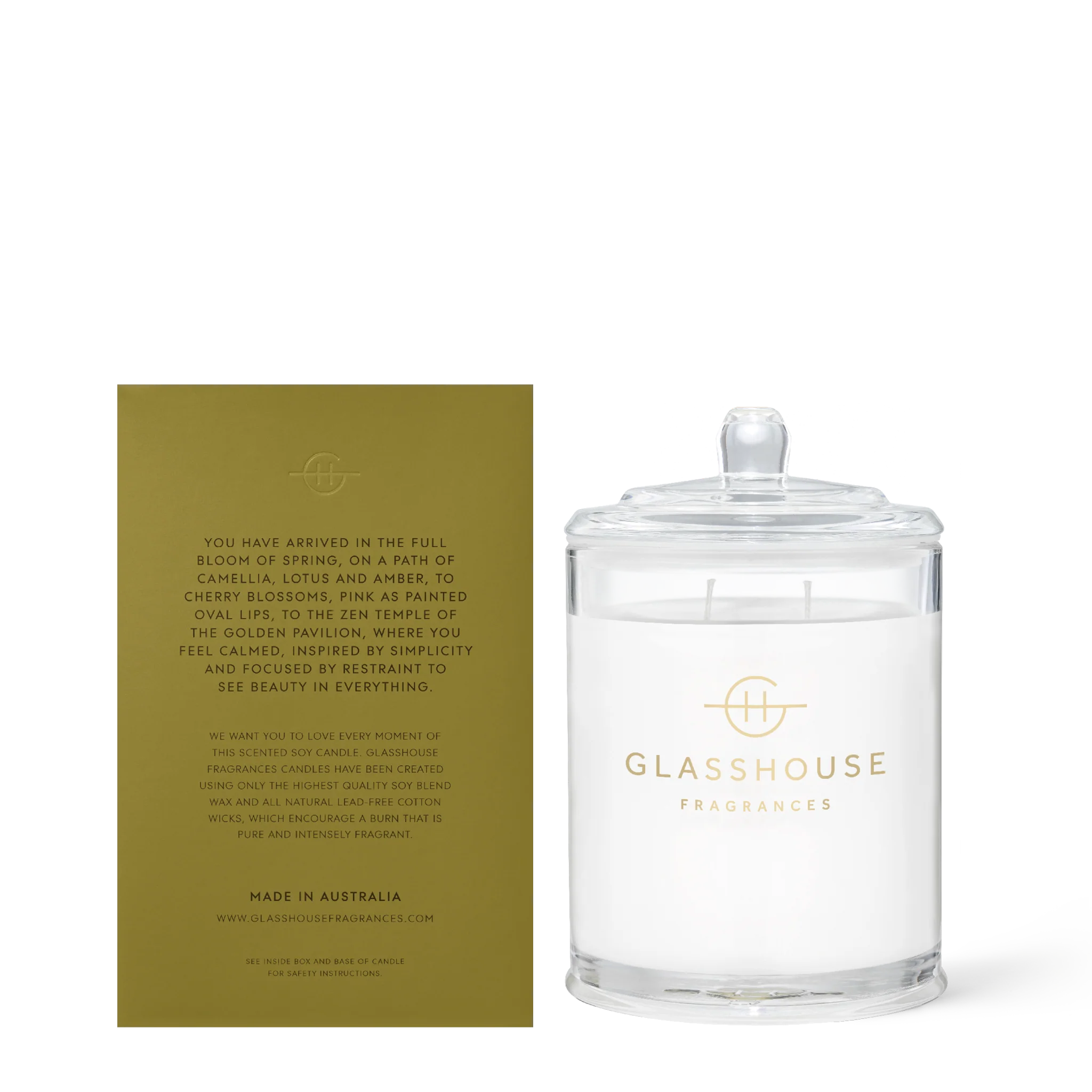 Kyoto in Bloom soy candle by Glasshouse Fragrances in a 380g glass jar, with a floral design and a warm, inviting glow.
