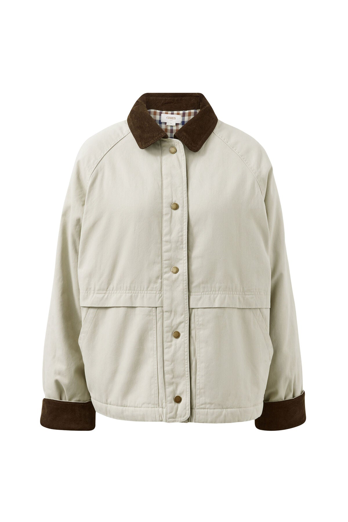 Ceres Life Blair Barn Jacket hanging on a wooden rack, featuring a rustic design with leather accents and warm fabric.