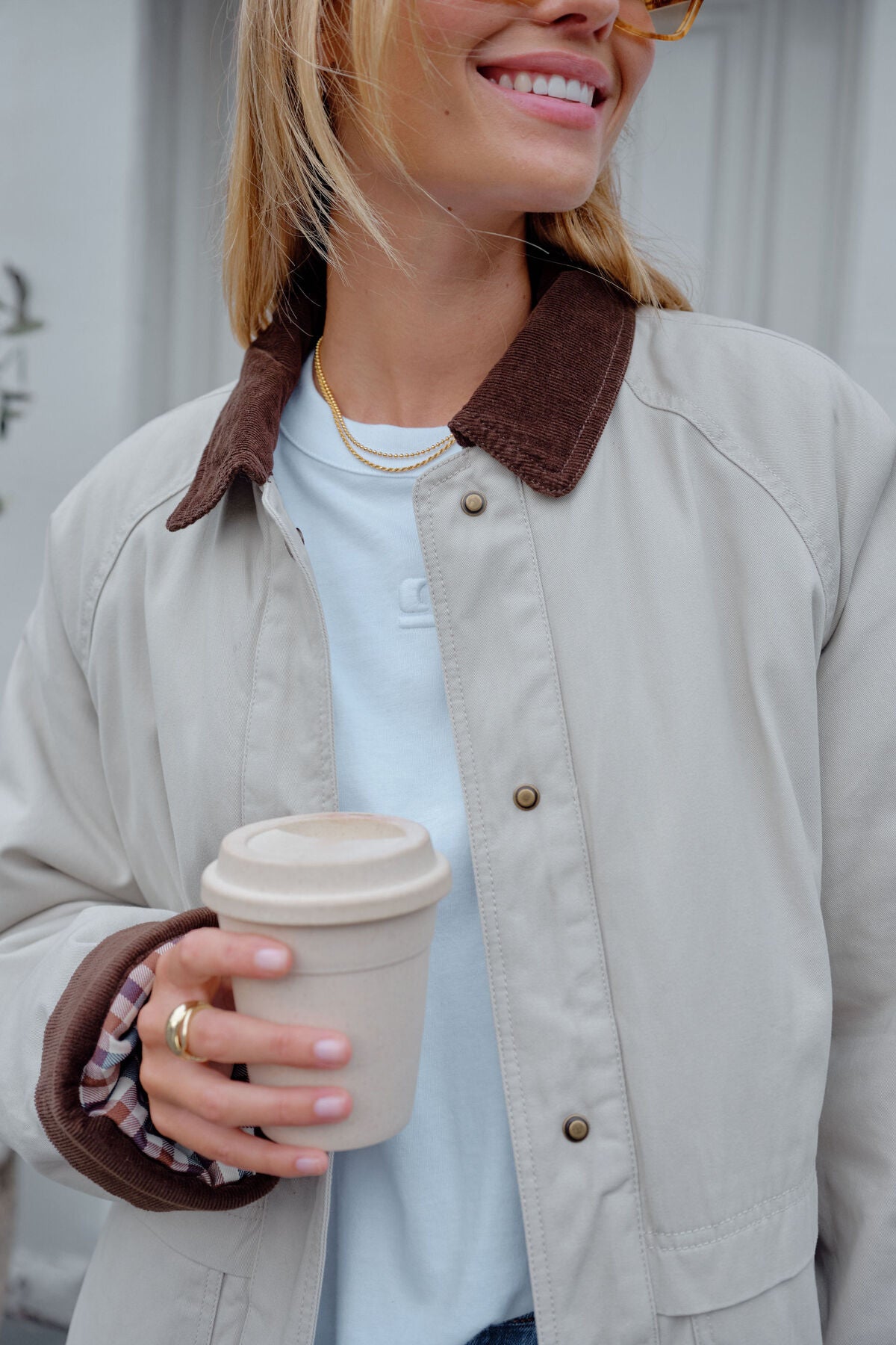 Ceres Life Blair Barn Jacket shown in dark brown with a quilted design, front pockets, and button closure.