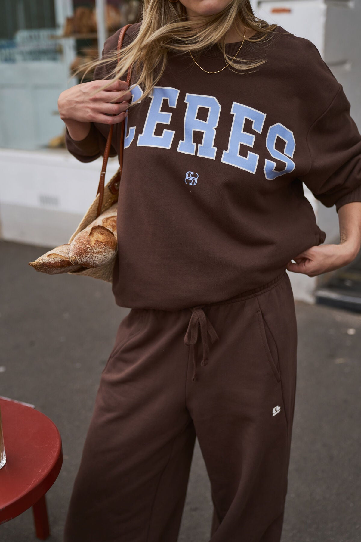 Ceres Life Isla oversized slouchy crewneck sweatshirt in brunette brown, buff sky blue color with heritage logo, relaxed fit.