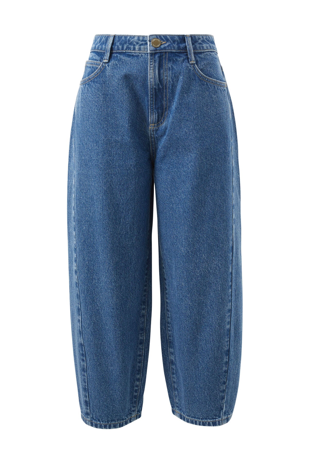 Ceres Life Maggie Tapered Barrel Jean in Fresh Indigo denim, showing the tapered fit and classic five-pocket design.