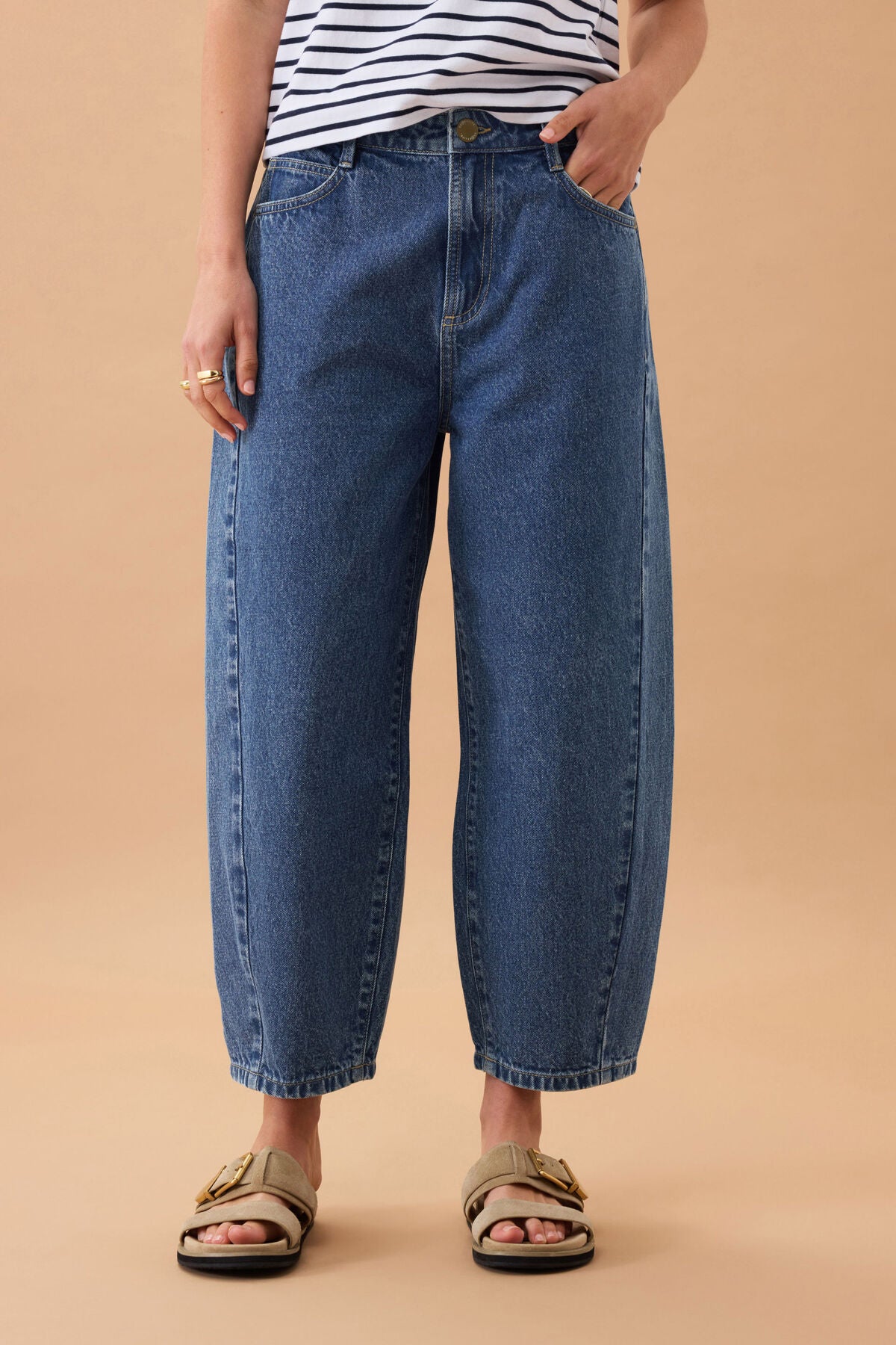 Ceres Life Maggie tapered barrel jean in fresh indigo denim with classic five-pocket design and tapered fit.